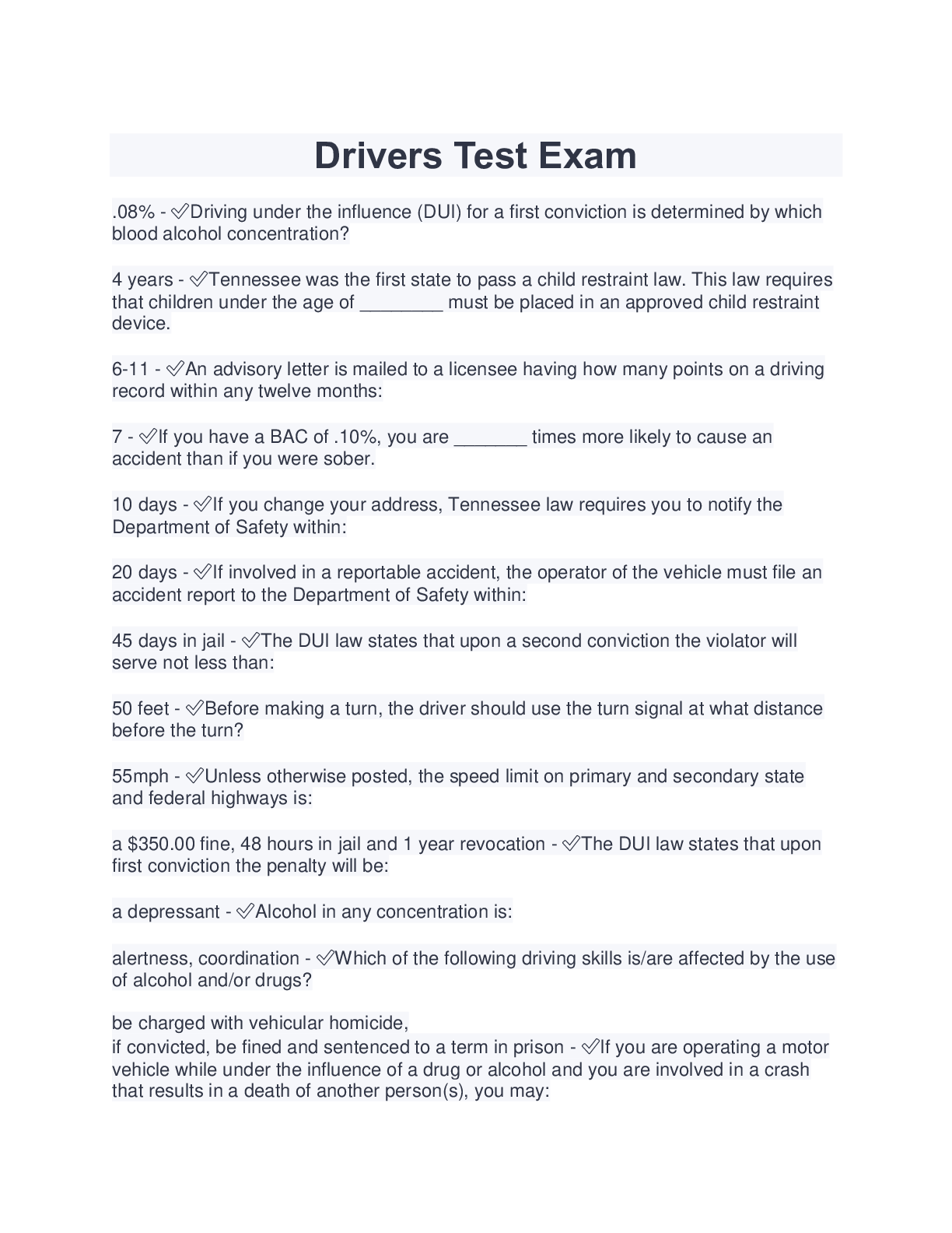Preview image for Drivers Test Exam (questions that may be asked on the TN drivers license test) 2022